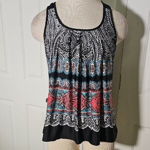 In Bloom Women's Black and Red Paisley Tank Top With Lace Back. Size S/P